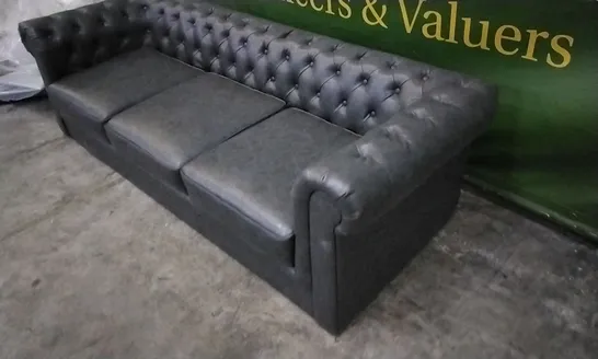 DESIGNER DARK GREY LEATHER CHESTERFIELD STYLE 3 SEATER SOFA