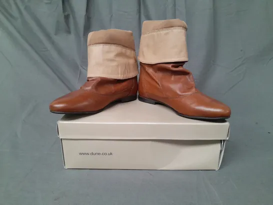 BOXED PAIR OF DUNE MELISSA D SLOUCH CALF BOOTS IN TAN EU SIZE 38