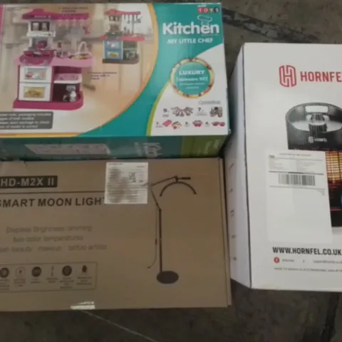 PALLET OF ASSORTED HOUSEHOLD ITEMS TO INCLUDE KITCHEN TOY SET, HORNFEL HEATER AND SMART MOON LIGHT