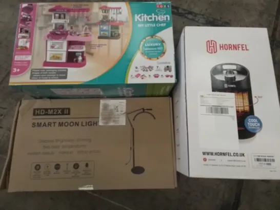 PALLET OF ASSORTED HOUSEHOLD ITEMS TO INCLUDE KITCHEN TOY SET, HORNFEL HEATER AND SMART MOON LIGHT