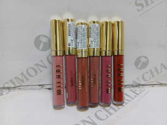 6 MILANI STAY PUT LIQUID LIP LONGWEAR LIPSTICK TO INCLUDE 110 GLOW UP, 150 SNATCHED, 190 WE STAN SHADES 