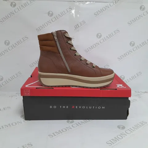 BOXED PAIR OF RIEKER HIGH TOP TRAINERS IN TAN SIZE 5