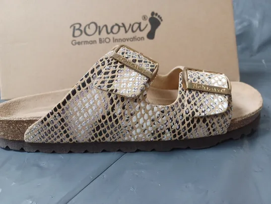 BOXED PAIR OF BONOVA SANDALS SNAKE SKIN PRINT DESIGN SIZE 6 UK