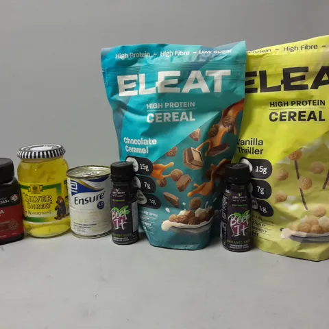 LOT OF ASSORTED FOOD ITEMS TO INCLUDE MANUKA HONEY, HIGH PROTEIN CEREAL, ETC