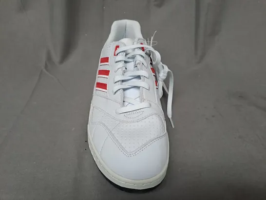 BOXED PAIR OF ADIDAS A.R. TRAINERS IN PALE BLUE/RED UK SIZE 10