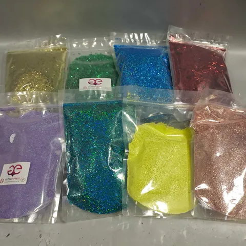 BOX OF APPROXIMATELY 15 SEALED ASSORTED GLITTER POUCHES TO INCLUDE - BLUE - GREEN - GOLD - ETC - COLLECTION ONLY