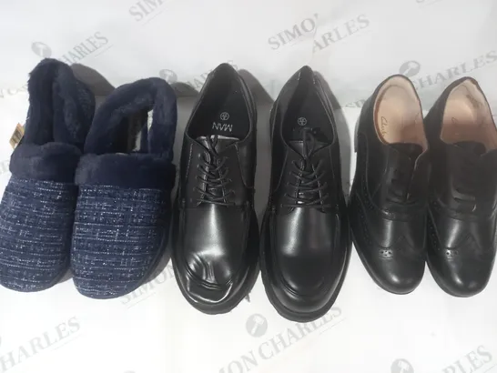 BOX OF APPROXIMATELY 12 ASSORTED PAIRS OF SHOES AND FOOTWEAR ITEMS IN VARIOUS STYLES AND SIZES TO INCLUDE MAN, CLARKS, CUSHION-WALK, ETC