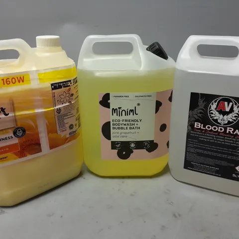 3 ASSORTED LIQUIDS TO INCLUDE AV BLOOD RAIN (5L), MINIML EC0-FRIENDLY BODYWASH (5L), COMFORT CONDITIONER (4800ml) - COLLECTION ONLY