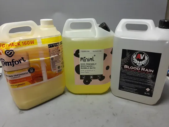 3 ASSORTED LIQUIDS TO INCLUDE AV BLOOD RAIN (5L), MINIML EC0-FRIENDLY BODYWASH (5L), COMFORT CONDITIONER (4800ml) - COLLECTION ONLY