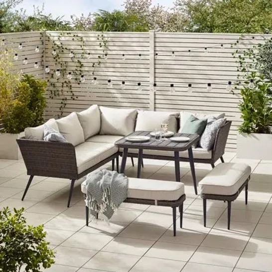 BOXED SEYCHELLES OUTDOOR DINING TABLE & CORNER SOFA SET 9 GREY SEATS 