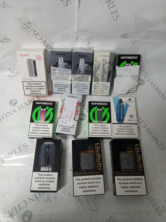 APPROXIMATELY 12 ASSORTED VAPES INCLUDING VOOPOO, UWELL, VAPORESSO