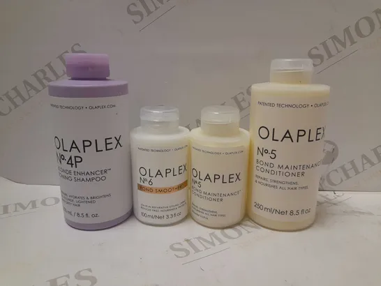 LOT OF 4 ASSORTED OLAPLEX PRODUCTS TO INCLUDE NO.4P BLONDE TONING SHAMPOO, NO.6 BOND SMOOTHER, NO,5 BOND MAINTAINENCE CONDITIONER