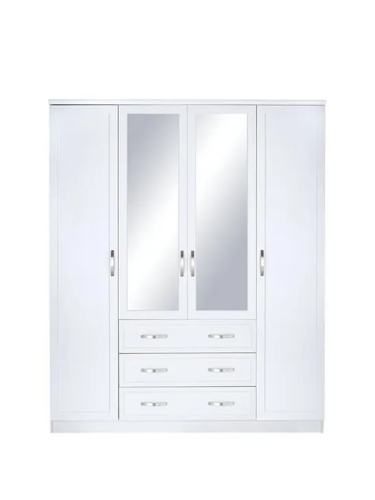 BOXED GRADE 1 CAMBERLEY 4-DOOR 3-DRAWER WHITE MIRRORED WARDROBE (2 BOXES) RRP £359