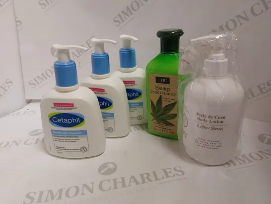 LOT OF 5 COSMETICS INCLUDING PERLE DE COCO BODY LOTION, 3 CETAPHIL SKIN CLEANERS, HC HEMP CONDITIONER