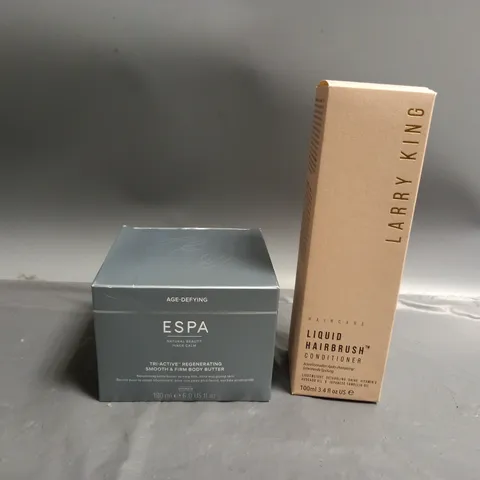 2 BOXED HEALTH AND BEAUTY PRODUCTS TO INCLUDE LARRY KING LIQUID HAIRBRUSH CONDITIONER, ESPA TRI-ACTIVE REGENERATING SMOOTH & FIRM BODY BUTTER 180ML 