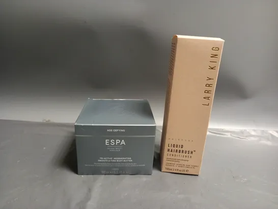 2 BOXED HEALTH AND BEAUTY PRODUCTS TO INCLUDE LARRY KING LIQUID HAIRBRUSH CONDITIONER, ESPA TRI-ACTIVE REGENERATING SMOOTH & FIRM BODY BUTTER 180ML 