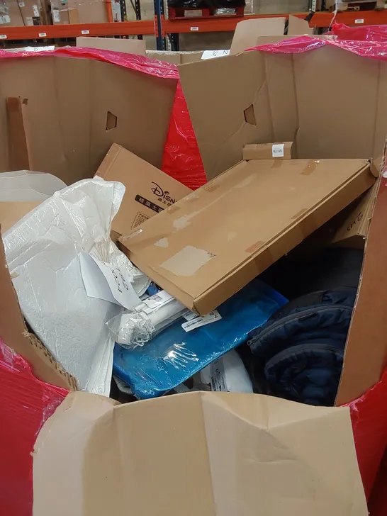 PALLET OF ASSORTED HOUSEHOLD ITEMS AND CONSUMER PRODUCTS TO INCLUDE; OFFICE STOOL, PLAYPEN, TOILET SEAT, VACUUM CLEANER ETC