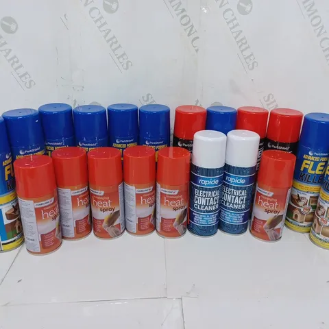 APPROXIMATELY 20 ASSORTED AEROSOLS TO INCLUDE PETSHIELD ADVANCED FORMULA FLEA KILLER (200ml), RAPIDE ELECTRICAL CONTACT CLEANER (200ml), MASTERPLAST MASSGING HEAT SPRAY (125ml) - COLLECTION ONLY