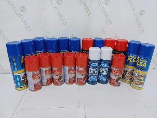 APPROXIMATELY 20 ASSORTED AEROSOLS TO INCLUDE PETSHIELD ADVANCED FORMULA FLEA KILLER (200ml), RAPIDE ELECTRICAL CONTACT CLEANER (200ml), MASTERPLAST MASSGING HEAT SPRAY (125ml) - COLLECTION ONLY