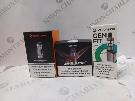 APPROXIMATELY 20 VAPES & E-CIGARETTES TO INCLUDE GEEKVAPE B100 KIT, VOOPOO ARGUS POD, VAPORESSO GEN FIT, ETC