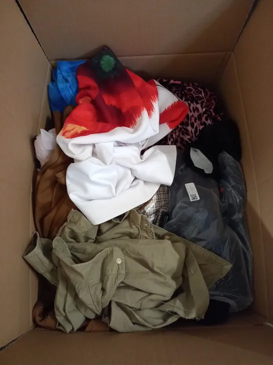 BOX OF ASSORTED CLOTHING ITEMS TOO INCLUDE JUMPERS, SHIRTS AND TROUSERS IN VARIOUS SIZES AND COLOURS   