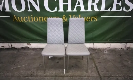 PAIR OF RENZO LIGHT GREY LEATHER DINING CHAIRS WITH CHROME LEGS