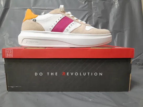 BOXED PAIR OF RIEKER REVOLUTION TRAINERS IN WHITE/PURPLE/SAND/ORANGE W. JEWEL EFFECT SIZE 6