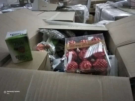 PALLET OF ASSORTED ITEMS TO INCLUDE A INFRARED 75W LAMP, TOILET CLEANING WIPE SET AND A CHRISTMAS BAUBLE SET