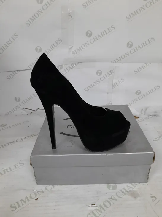 BOXED PAIR OF CASANDRA PLATFORM STILLETO OPEN TOE IN BLACK SUEDE SIZE 6