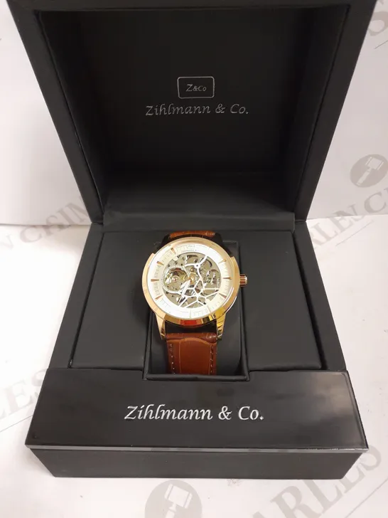 MENS ZIHLMANN & CO AUTOMATIC WATCH - Z210 – SKELETON DIAL – GOLD COLOUR CASE – GENUINE LEATHER CASE – HAND ASSEMBLED 