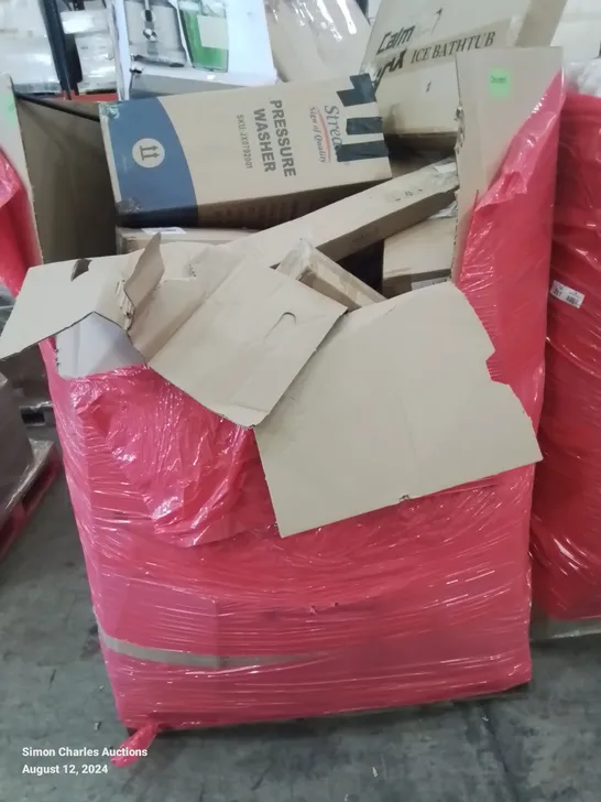 PALLET OF ASSORTED ITEMS TO INCLUDE, SAGE JUICER, PRESSURE WASHER, ICE BATH TUB ETC.