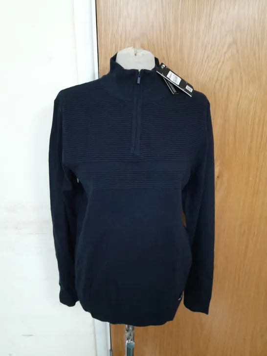 THREADBARE 1/4 ZIP RIBBED JUMPER IN NAVY SIZE L