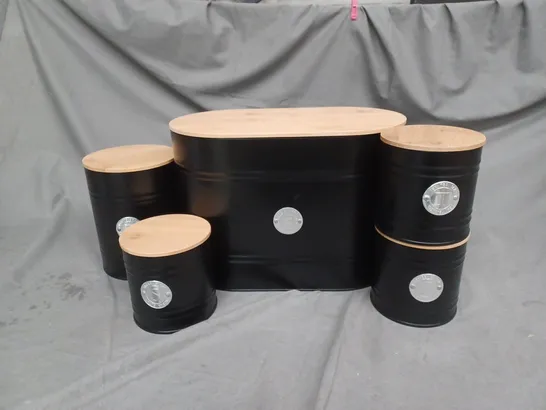 SET OF 5 KITCHEN CANISTER TINS IN BLACK