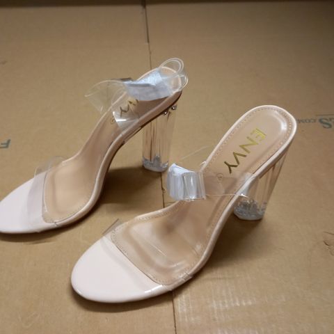 boxed pair of envy perspex barely there clear nude block heeled shoes - uk 4