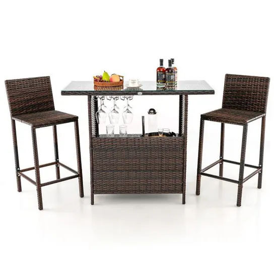 BOXED COSTWAY 3 PIECE PATIO WICKER GARDEN BAR SET RATTAN BAR HEIGHT TABLE CHAIR SET W/ STEMWARE RACKS