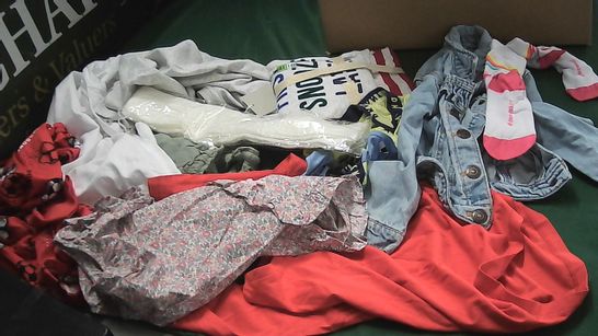 BOX OF ASSORTED GIRLS CLOTHING TO INCLUDE DRESSES, DENIM JACKET, SOCKS