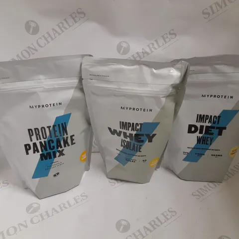 BOX OF 3 ASSORTED MYPROTEIN POWDERS TO INCLUDE IMPACT WHEY ISOLATE, IMPACT DIET WHEY & PROTEIN PANCAKE MIX 