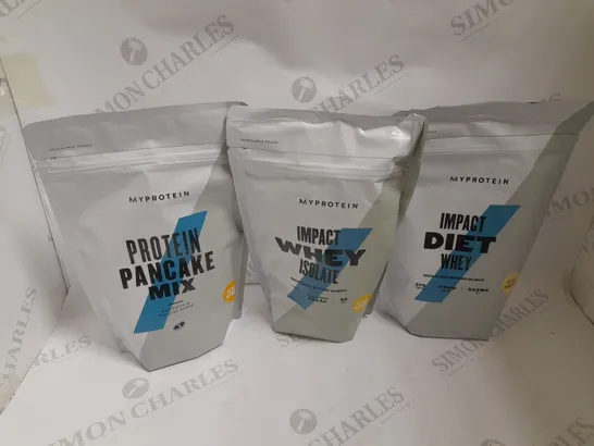 BOX OF 3 ASSORTED MYPROTEIN POWDERS TO INCLUDE IMPACT WHEY ISOLATE, IMPACT DIET WHEY & PROTEIN PANCAKE MIX 