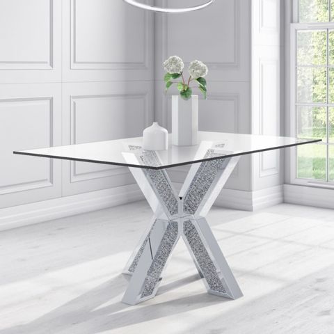 BOXED GREY JADE BOUTIQUE GLASS TOP RECTANGULAR MIRRORED AND GLITTER DINING TABLE