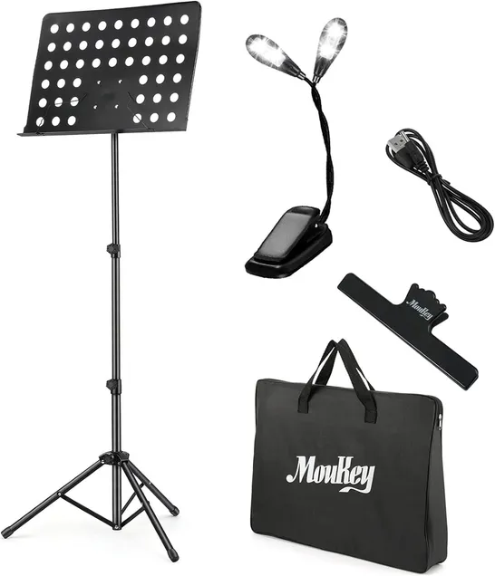 BRAND NEW BOXED MOUKEY SHEET MUSIC STAND FOLDING WITH LED LIGHT WITH CARRYING BAG, METAL TRIPOD STAND, MUSIC CLIP HOLDER, ADJUSTABLE FROM 23" TO 62"  (1 BOX)