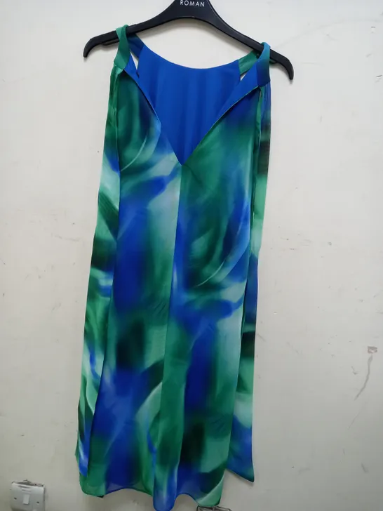 ROMAN WATERCOLOUR SWING DRESS IN GREEN/BLUE - SIZE 12