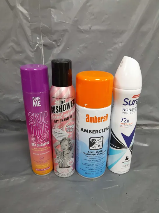 APPROXIMATELY 12 ASSORTED AEROSOLS TO INCLUDE , DRY SHAMPOO , SURE BODY SPRAY , FOAMING CLEANER , ETC 