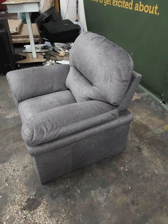 DESIGNER ARMCHAIR UPHOLSTERED IN SOFT SILVER/GREY FABRIC 