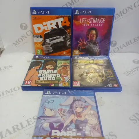 APPROXIMATELY 5 ASSORTED PS4 VIDEO GAMES TO INCLUDE DIRT 4, BORDERLANDS, GRAND THEFT AUTO TRILOGY ETC 