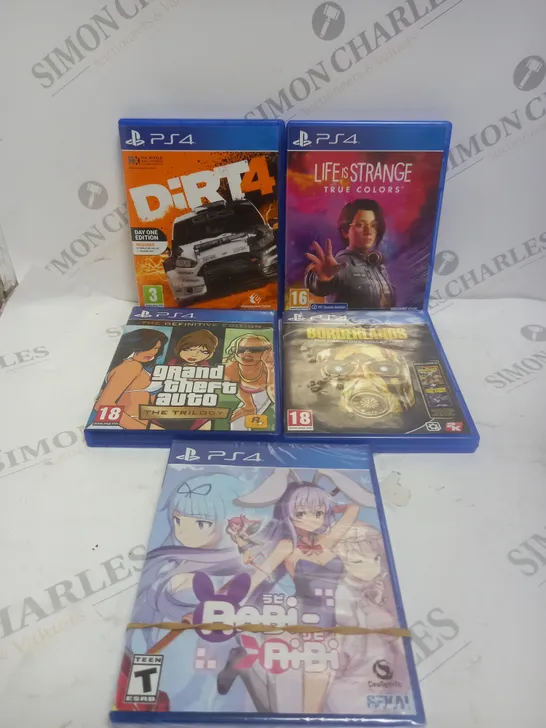 APPROXIMATELY 5 ASSORTED PS4 VIDEO GAMES TO INCLUDE DIRT 4, BORDERLANDS, GRAND THEFT AUTO TRILOGY ETC 