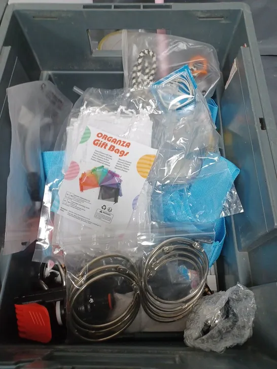 BOX OF APPROXIMATELY 20 ASSORTED HOUSEHOLD ITEMS TO INCLUDE PLIERS, PLUG SOCKET AND CRAFT PAPER