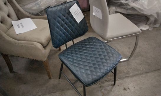 DESIGNER BLUE LEATHER DINING CHAIR WITH DIAMOND PATTER AND BLACK METAL LEGS 