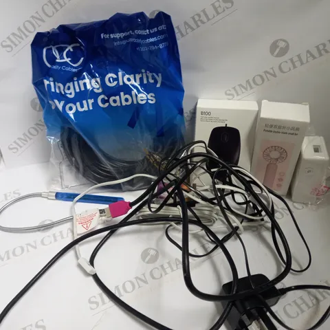 BOX OF APPROXIMATELY 15 ASSORTED ELECTRICALS & ELECTRICAL CABLES OF VARIOUS TYPES TO INCLUDE 50FT ETHERNET CABLE, LOGITECH B100 WIRED MOUSE, PORTABLE DOUBLE-BLADE SMALL FAN, ETC