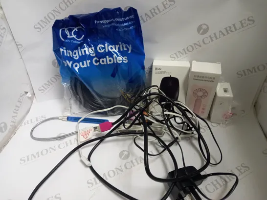 BOX OF APPROXIMATELY 15 ASSORTED ELECTRICALS & ELECTRICAL CABLES OF VARIOUS TYPES TO INCLUDE 50FT ETHERNET CABLE, LOGITECH B100 WIRED MOUSE, PORTABLE DOUBLE-BLADE SMALL FAN, ETC