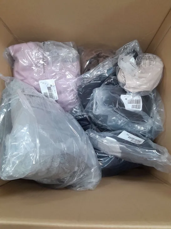 BOX OF APPROXIMATELY 15 ASSORTED CLOTHING ITEMS IN VARIOUS STYLES, COLOURS AND SIZES TO INCLUDE SCARF, FLEECE TIGHTS, DRESSING GOWN ETC